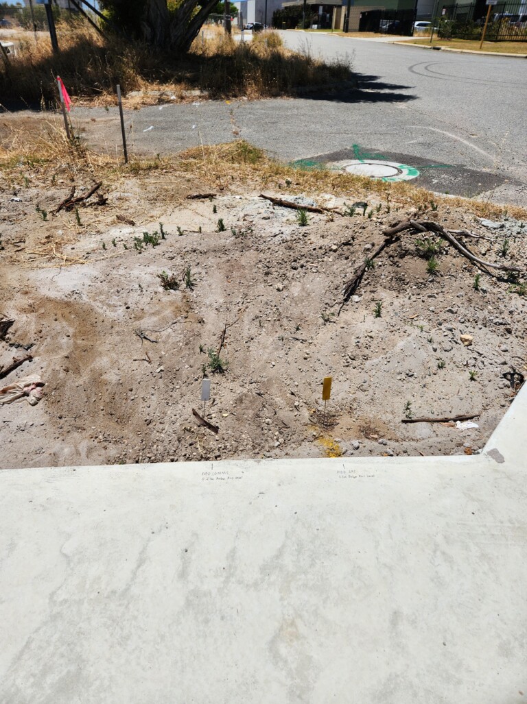 View of a sandy vacant lot edge adjacent to a concrete kerb and footpath, with two small marker pegs in the ground. Handwritten annotations on the kerb read "P100 Comms 0.25m Below Pavy Level" and "P100 Gas 0.5m Below Pavy Level." A utility access cover with green spray-paint markings is visible on the road surface.