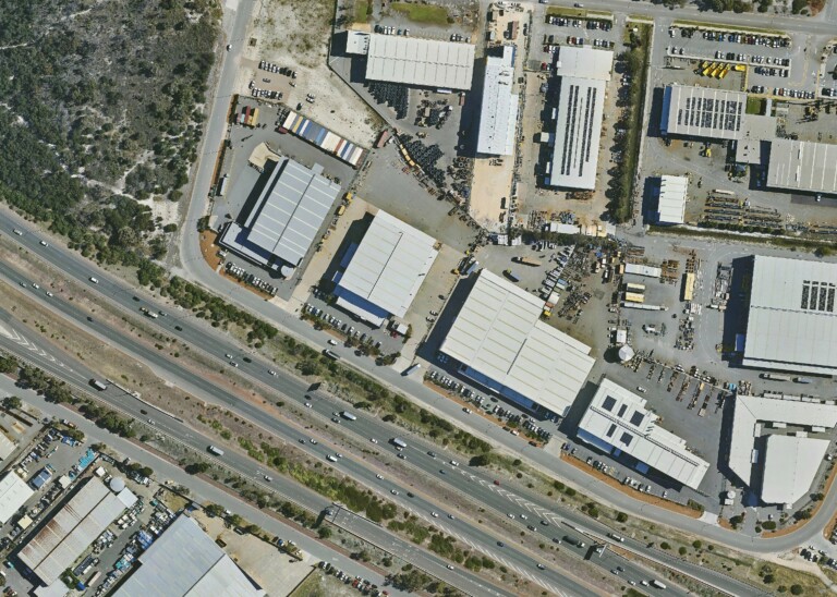 Aerial view of the Kewdale industrial corridor showing existing infrastructure and surrounding site conditions along the proposed pipeline route.